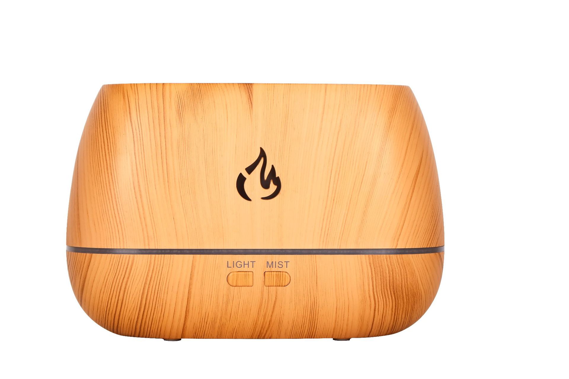 Wooden diffuser with flame logo on a white background